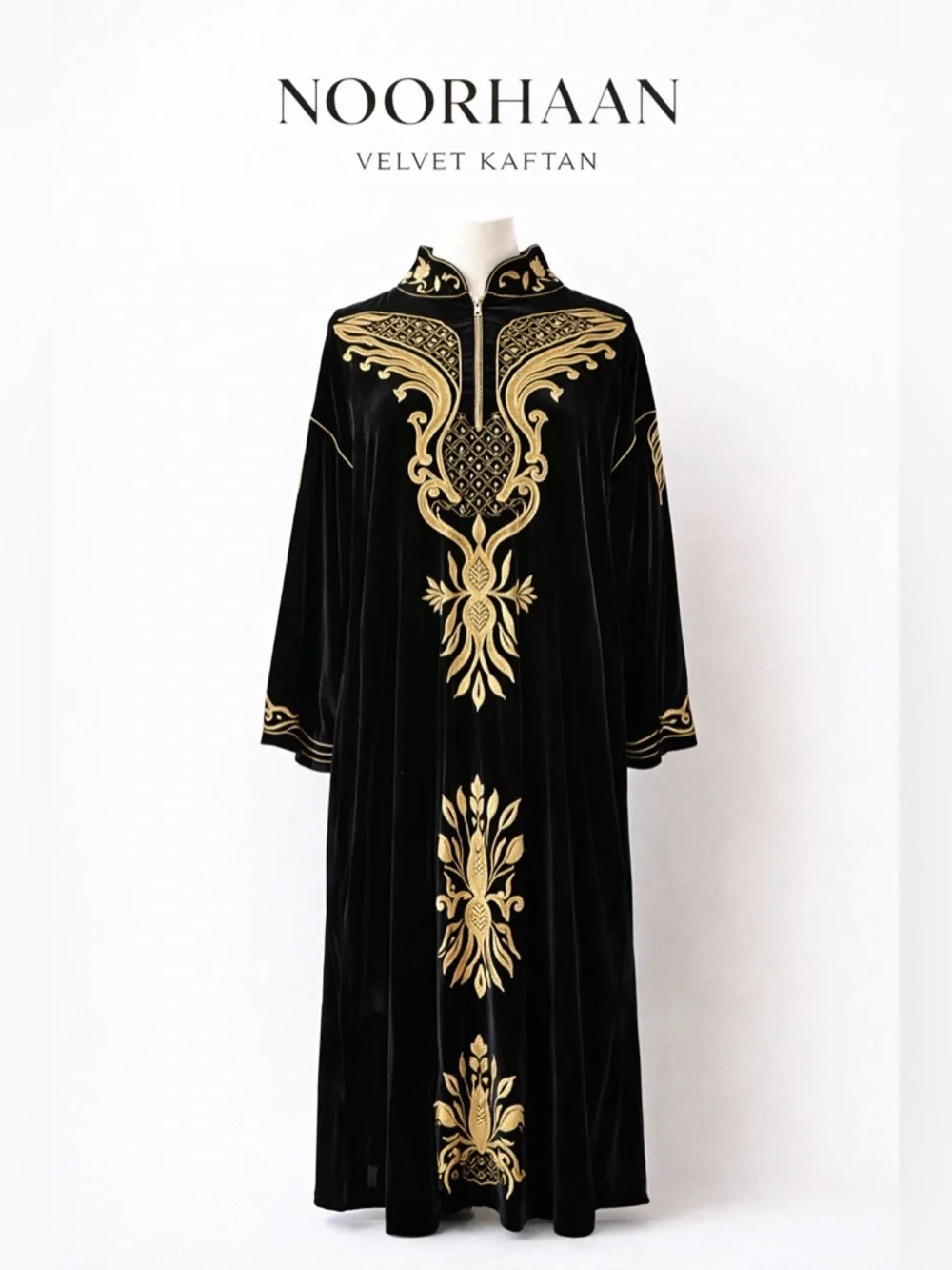 Noorhaan Velvet Kaftan Dress Black Gold Embroidered Boho Luxe XL